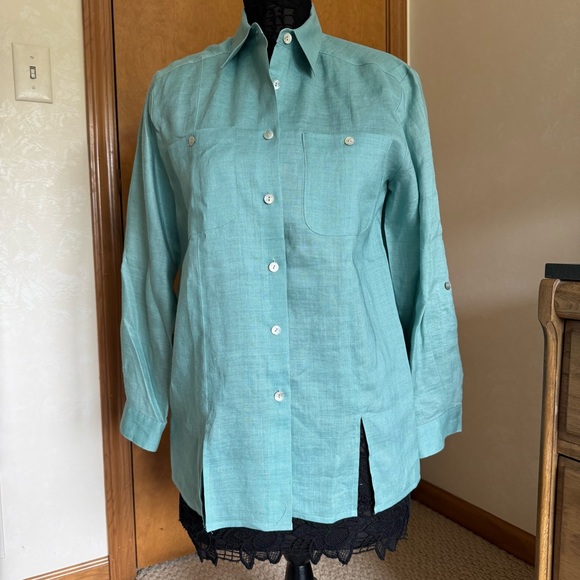 Jordan Vintage Blue Green Teal Linen Button-Down Oversized Shirt Top - Picture 2 of 12